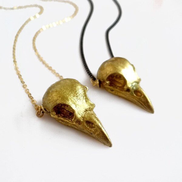 Bird Skull Necklace, Gold Raven Skull Necklace, Unisex Skull Necklace,