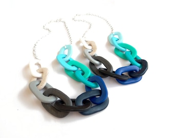 Ombre Blue Statement Necklace, Oversized Chain Link Necklace