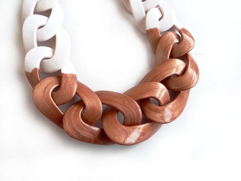 Chunky Rose Gold Necklace, Statement Necklace, Polymer Clay Necklace in white and rose gold image 2