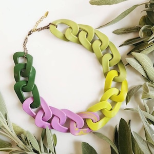Green Purple Chain Link Multicolor Statement Necklace, Chunky Bib Necklace