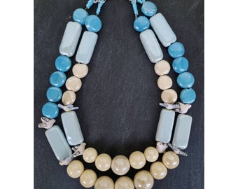 Baby Blue Bird Beaded Layered Necklace, Porcelain Necklace, Double Layer Statement Necklace