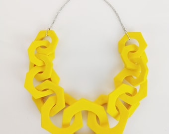 Yellow Chunky Link Necklace, Irregular Hex Link Necklace, Geometric Hexagon Statement Necklace