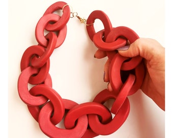 Gigantic Red Bottega Chain Necklace, Brick Red Huge Chain Link Necklace, Polymer Clay Statement Necklace