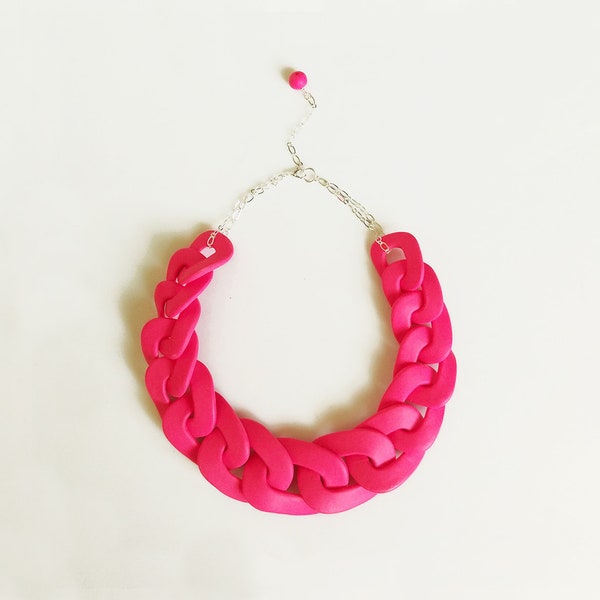 Shocking Neon Pink Chain Necklace, Chunky Statement Chain Link Necklace, Decora Kawaii Necklace Gift for Her