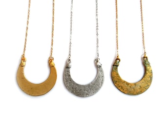 Crescent Necklace, Celestial Moon Necklace, Hammered Pendant Necklace, Gold Silver Crescent Necklace
