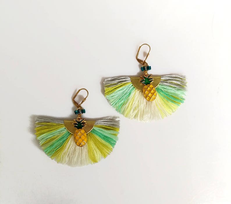 Pineapple Tassel Earrings, Fruit Earrings, Tropical Earrings, Trending Summer Jewelry, Mint Yellow Earrings image 5