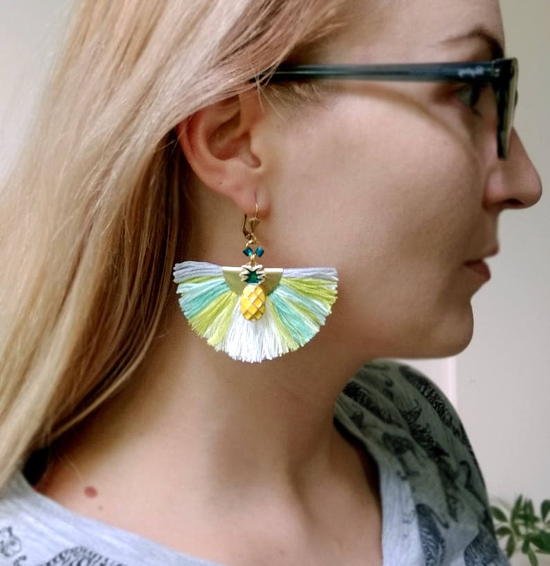 Pineapple Tassel Earrings, Fruit Earrings, Tropical Earrings, Trending Summer Jewelry, Mint Yellow Earrings image 7