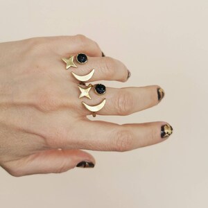 Black Tourmaline Celestial Ring: Adjustable Sun Moon Star Jewelry image 1