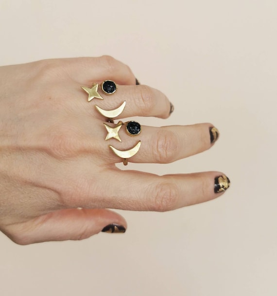 Black Tourmaline Celestial Ring: Adjustable Sun Moon Star Jewelry