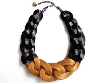 Black Gold Statement Necklace, Chunky Chain Necklace, Two Color Bib Necklace