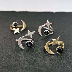 Black Tourmaline Celestial Ring: Adjustable Sun Moon Star Jewelry image 2