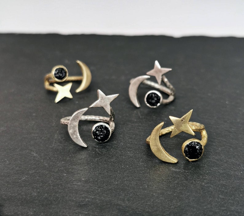 Black Tourmaline Celestial Ring: Adjustable Sun Moon Star Jewelry image 2