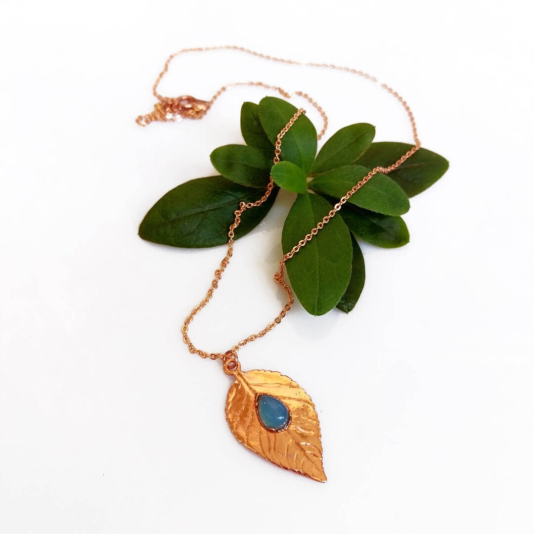 Copper Leaf Necklace Dainty Aqua Chalcedony Charm Necklace Etsy