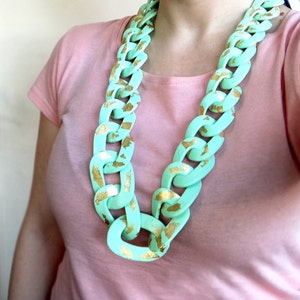 Long Chunky Necklace, Mint Statement Necklace, Huge Chain Link Necklace, Mint Gold Necklace, Polymer Clay Necklace