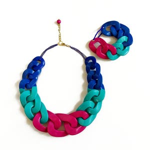 Bright Chunky Statement Necklace, Blue Pink Chain Necklace, Colorful Color Block Polymer Clay Necklace image 7