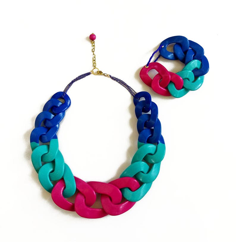 Bright Chunky Statement Necklace, Blue Pink Chain Necklace, Colorful Color Block Polymer Clay Necklace image 7