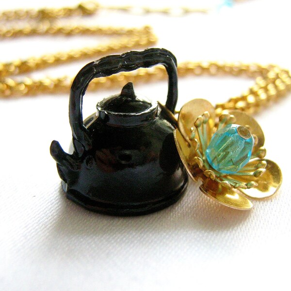 Tea Pot Necklace, Tea Party Necklace,  tea pot charm necklace, flower and crystals on gold