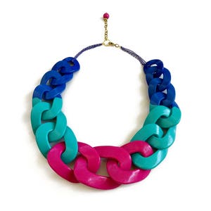 Collar de declaración brillante y grueso, collar de cadena rosa azul, collar de arcilla polimérica de bloque de color colorido imagen 4