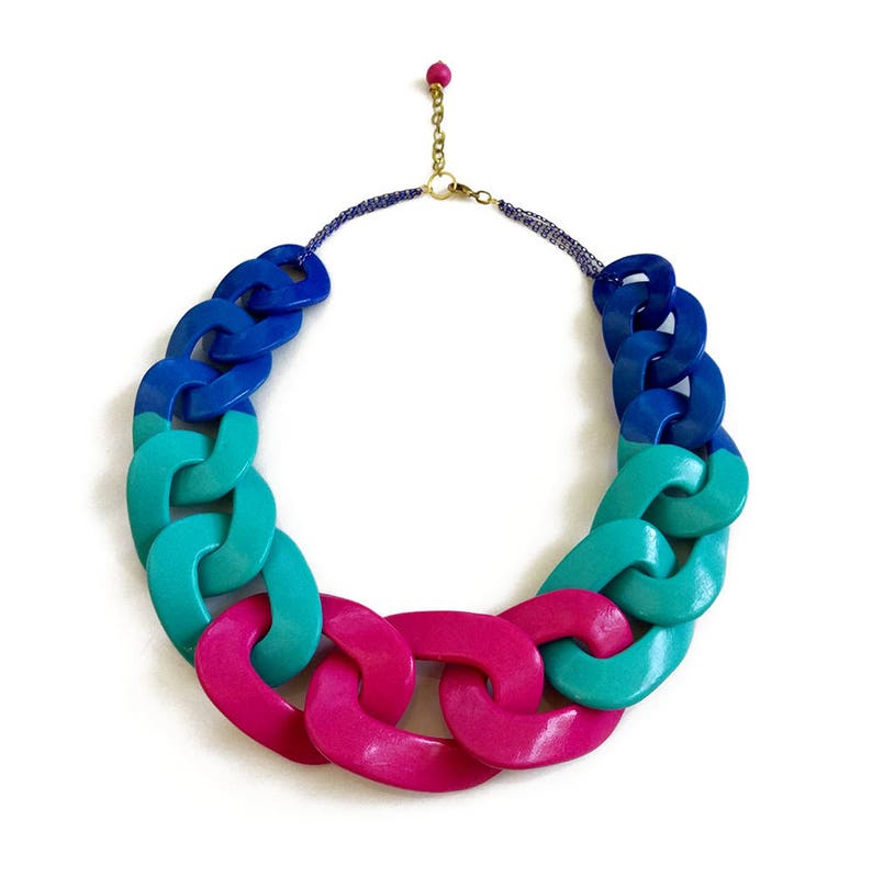 Collar de declaración brillante y grueso, collar de cadena rosa azul, collar de arcilla polimérica de bloque de color colorido imagen 4