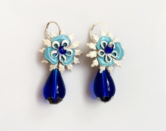 White Blue Flower Dangle Earrings, Cobalt Blue Drop Statement Earrings