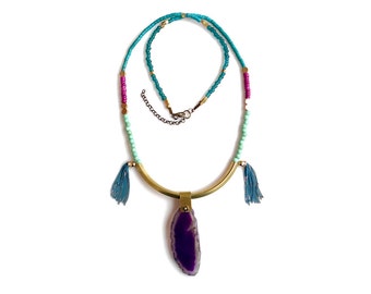 Purple Agate Geode Necklace: Beaded Tassel Boho Statement Necklace