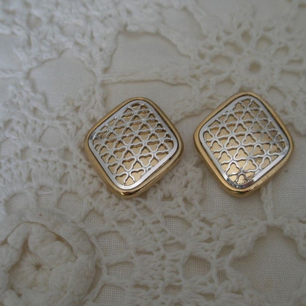 Vintage Gold Tone & Silver Heart Shaped Grid Diamond Shape Earrings from Jones of NY