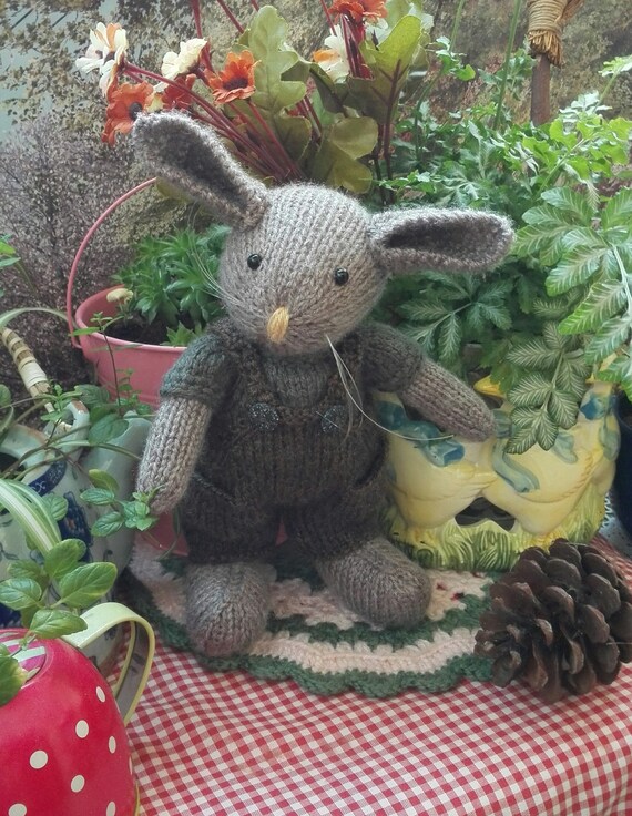 Lovely knitted bunny rabbit in overalls | Etsy