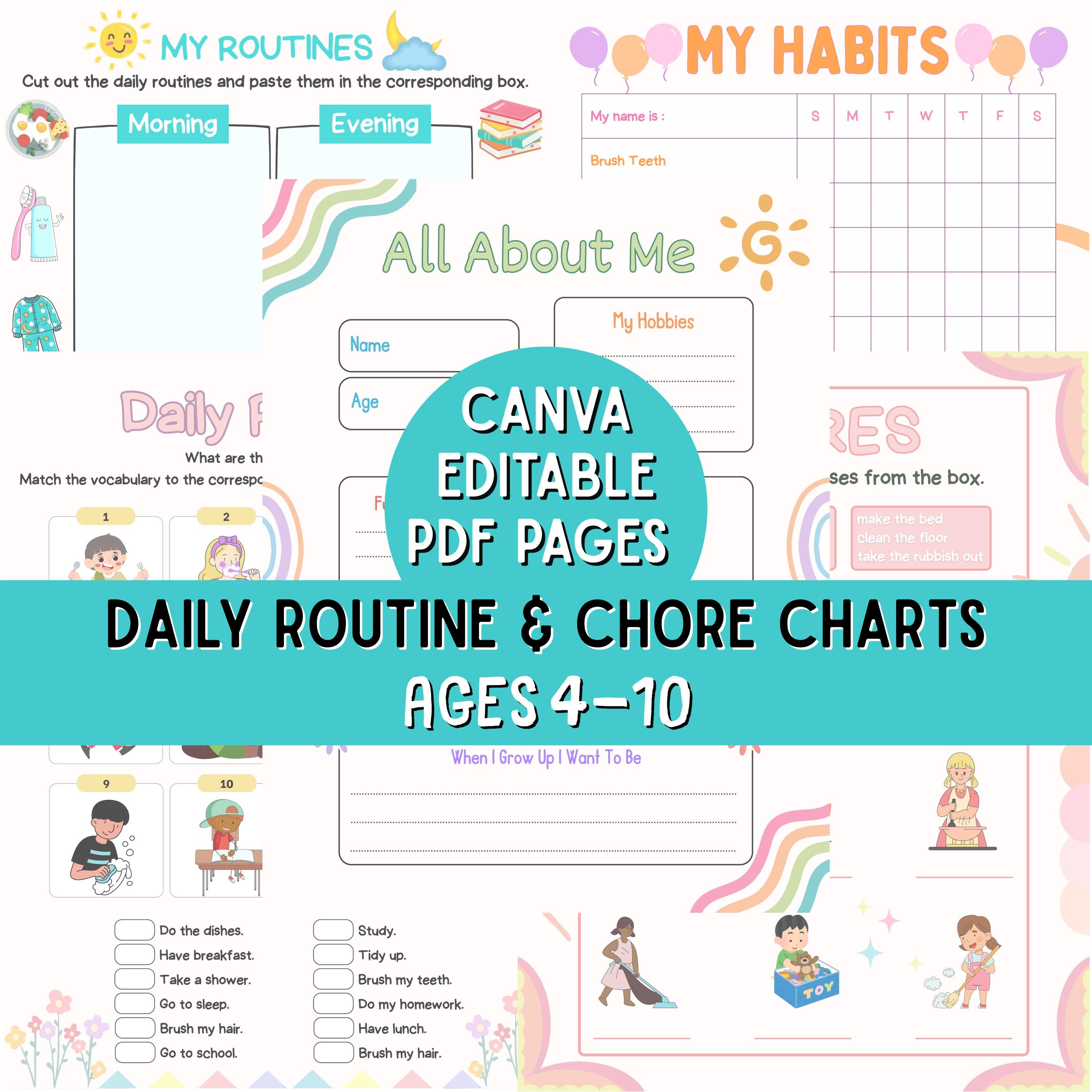 Kids Daily Routine & Chore Chart | Editable Canva Printable Schedule ...