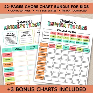 May include: Two printable activity sheets titled Jasmine's Kindness Tracker and Jasmine's Emotion Tracker. The charts feature colorful grids, sections for daily entries, and lists of feeling words in pink, green, and blue pastel tones.