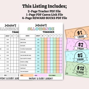 Editable Kids Allowance Tracker | Chore Chart Printable (Letter Size) Reward Bucks Included