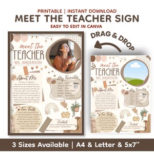May include: A printable Meet the Teacher sign template featuring a neutral brown and cream color palette. The layout includes sections for About Me, My Favorites, Fun Facts, and Contact information, with decorative icons like rainbows and plants.