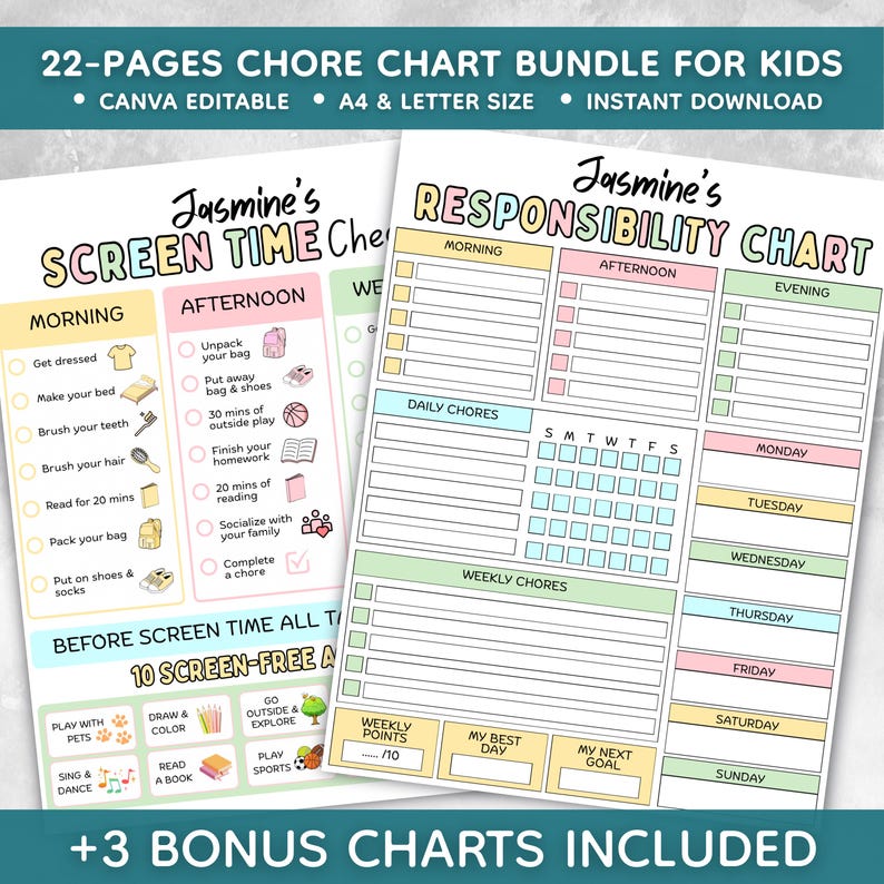 Back to School Kids Chore Chart Bundle | Behavior, Responsibility ...