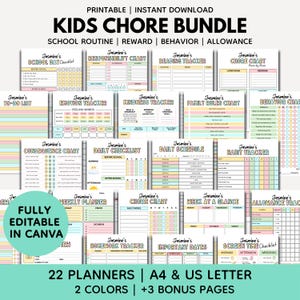 Back to School Kids Chore Chart Bundle | Behavior, Responsibility, Screen Time Trackers (Canva PDF)