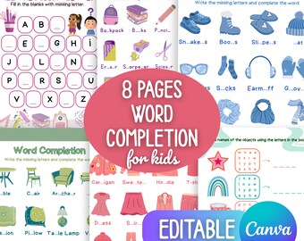 Back to School Editable Spelling Worksheets for Kids | Phonics Activities, Missing Letters (PDF Download)