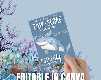 Invitación de cumpleaños de tiburón (5x7) / Plantilla editable de Canva / Invitación imprimible para fiesta en el océano / Descarga digital