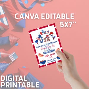 Invitación editable del 4 de julio - Invitación a una barbacoa patriótica - Tarjeta imprimible del Día de la Independencia - Plantilla personalizada en rojo, blanco y azul de 13 x 18 cm