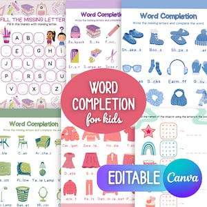Puede incluir: Hojas de trabajo educativas para niños con ejercicios de completar palabras. Las páginas presentan actividades para completar con imágenes de útiles escolares, ropa y otros objetos. Diseñado para ayudar a los niños a aprender vocabulario y ortografía.