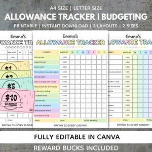 May include: A printable allowance tracker and budgeting chart titled Emma's Allowance Tracker with colourful rows for chores, amounts, and weekly progress. Includes reward bucks in denominations of 1, 2, 5, and 10 dollars. Text includes A4 size, letter size, and Payday is every Sunday.