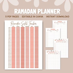 May include: A set of printable Ramadan planners with a soft, neutral color palette. The main page is a "Ramadan Salah Tracker" with columns for prayer times. Additional pages include a "Suhoor & Iftar Planner" and a Ramadan tracker.
