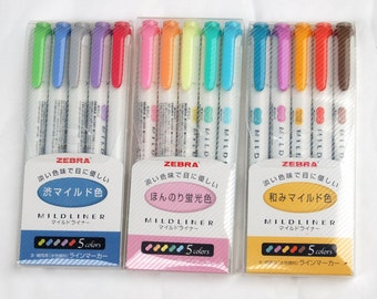 Zebra mildliner pens set, double sided zebra mildliner highlighter pens, gold blue pink label of 5 pcs Zebra mildliner pens