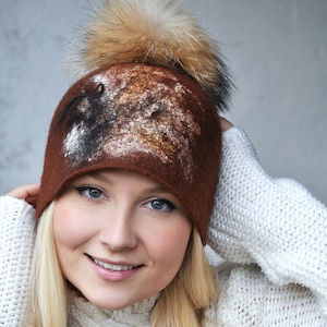 Handmade Brown Felted Wool Hat with Fur Pompom