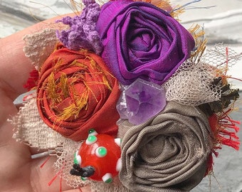 Purple Orange Roses Brooch Pin / Silk flowers brooch / Rose bouquet pin / Roses With Amethyst Brooch / Handmade Textile Jewelry