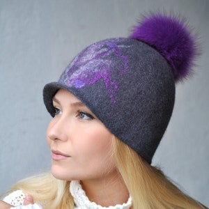 Handmade Felted Wool Hat: Dark Gray Cap with Purple Fur Pompom