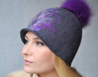 Handmade Felted Wool Hat: Dark Gray Cap With Purple Fur 