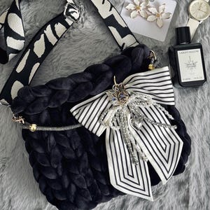 Black Velvet Chunky Knit Shoulder Bag | Soft Handmade Purse | Gift for Her | Customizable Strap | Black Plush Crossbody