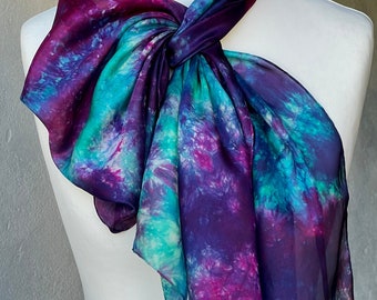 Natural Silk Scarf 180 x 45 cm / Purple Turquoise Silk Elegant Ladies Scarf / Handmade Accessory / Unique Design Print Silk Shawl