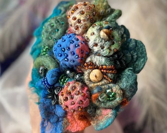 Felted Art brooch Alien Berries / Alien Garden pin / Green Blue Embroidery Brooch / Handmade Textile artist Brooch / Extravagant brooch