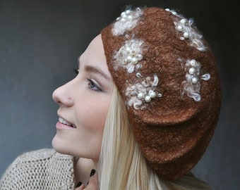 Brown Felted Beret Hat with pearls embroidery Handmade Felted Hat Beret beanie Felt Hat Handmade Winter Hat Cap Merino Wool Chocolate Beret