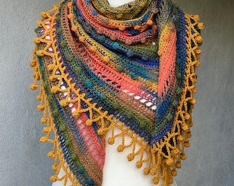 Bohemian crochet gradient shawl / triangular multicolored wool shawl / Gradient winter crochet shawl / Handmade Scarf