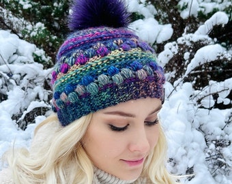 Crochet pompom hat / Rainbow beanie pompom Hat / purple pink gradient crochet hat / Crochet beanie Pom Pom / popcorn beanie hat